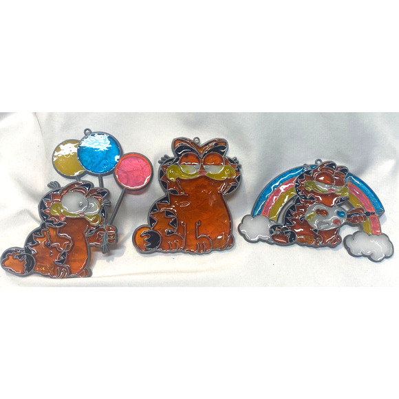 3 Vintage Makit & Bakit Garfield Orange Cat Stained Glass Metal Suncatcher 1980s - Picture 1 of 5